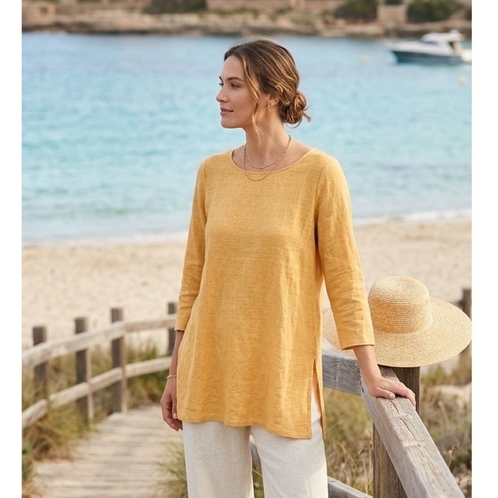 Eileen Fisher Orange Organic Linen Tunic Top Mini Dress M Minimalist Layering